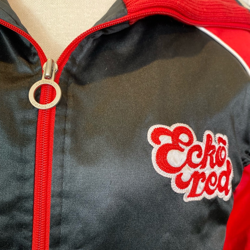 EckoRed Embroidered Satin Knitted Zip Up Bomber Jacket - Picture 3 of 15